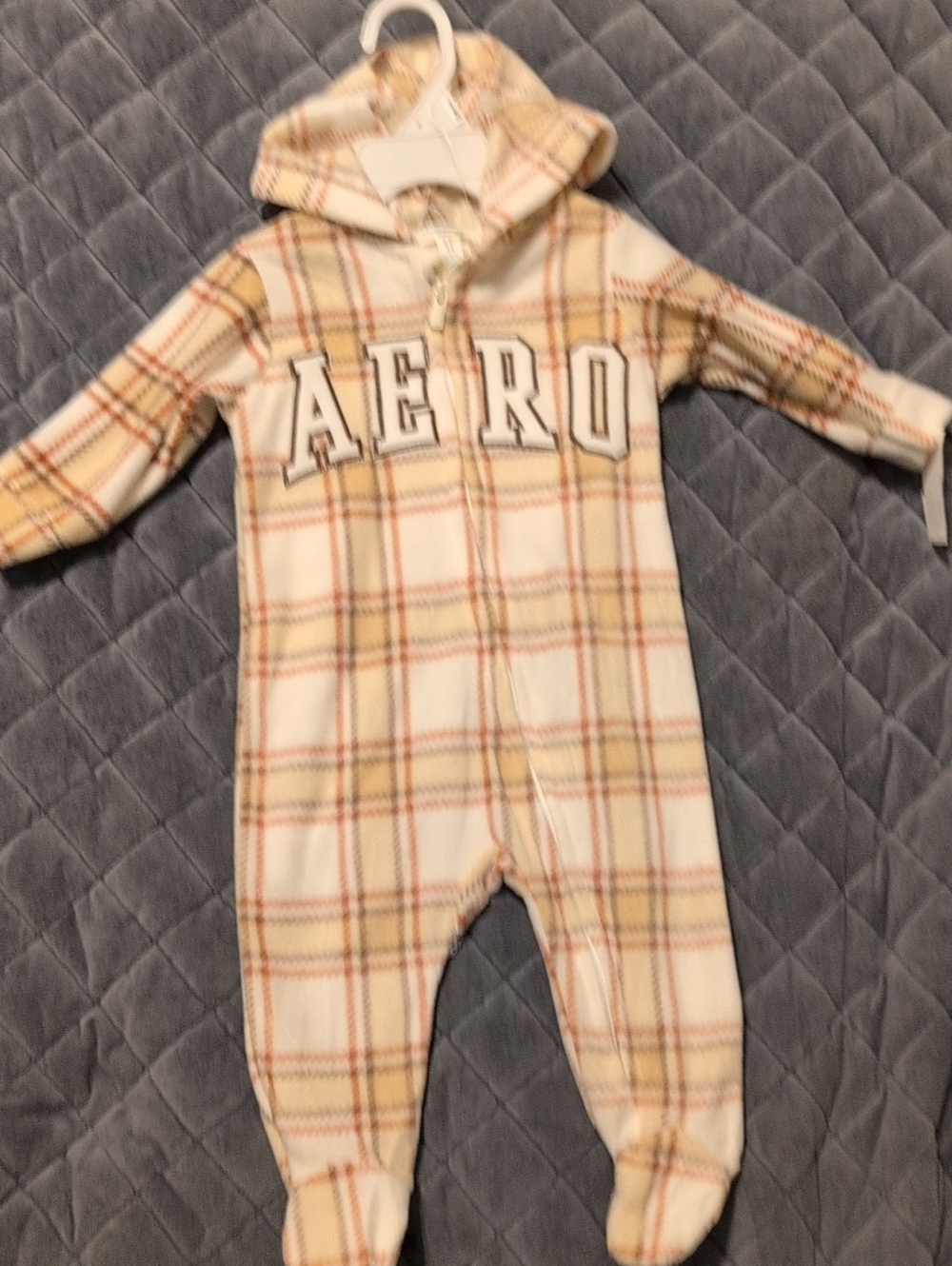 Aeropostale Cream Plaid Hooded Footed One-Piece